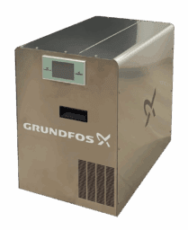 Thewatec Wasseraufbereitungsgerät von Grundfos aus Edelstahl mit digitalem Display, geeignet für industrielle Wasseraufbereitungslösungen im B2B-Bereich.