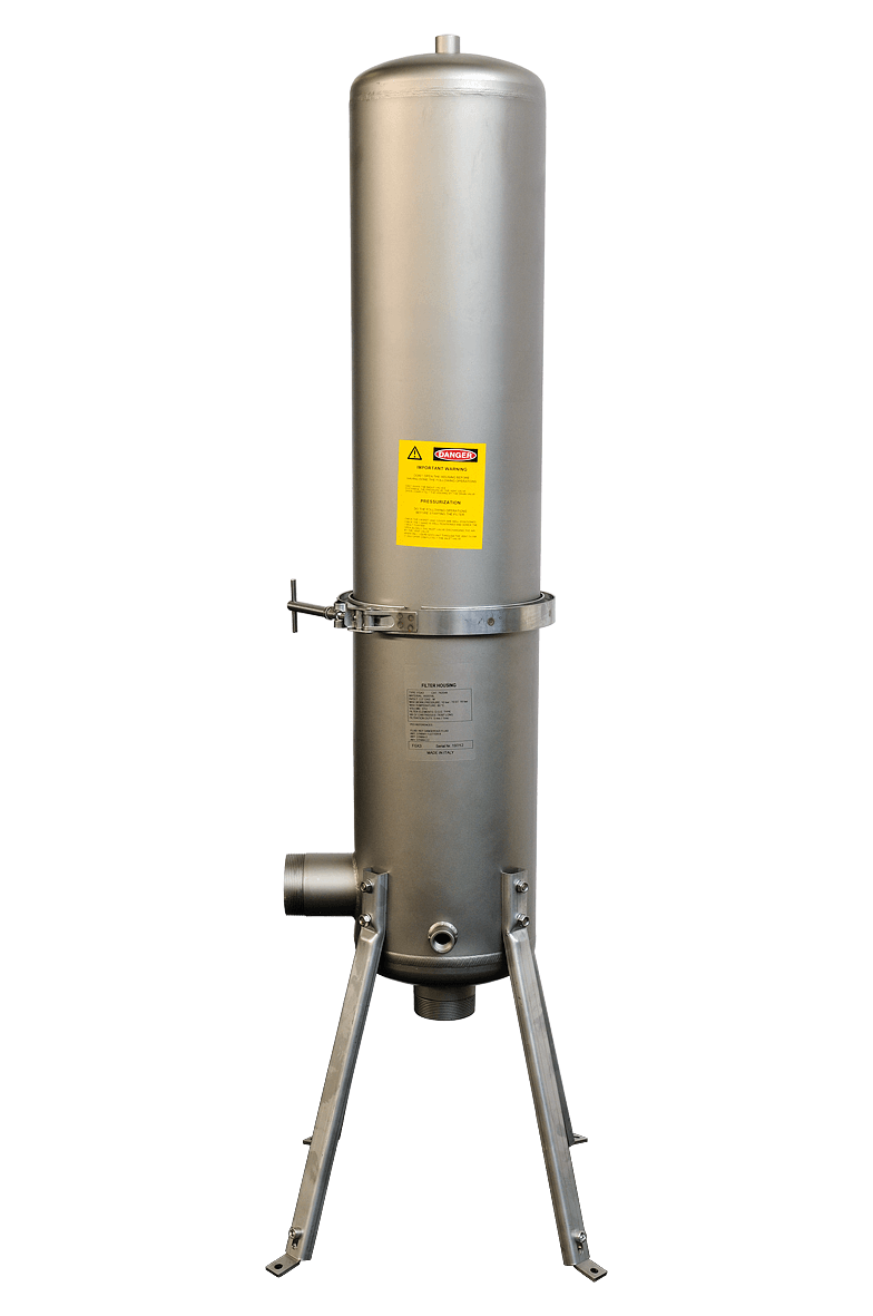 Thewatec Industrieller Edelstahl-Filterschrank für Wasseraufbereitung, zylindrisch mit Stativ und Anschlüssen, für effiziente Filtration in B2B-Anwendungen