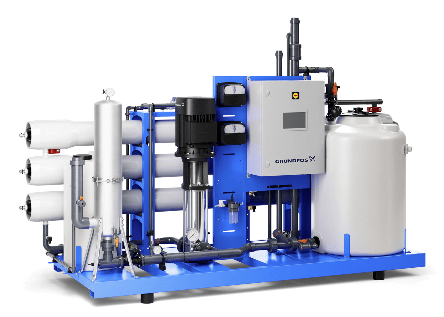 Industrielle Thewatec Wasseraufbereitungsanlage mit blauer Grundplatte, weißen Membranfiltern, schwarzer Pumpe und weißem Steuerkasten von Grundfos, angewendet in der industriellen Wasserbehandlung