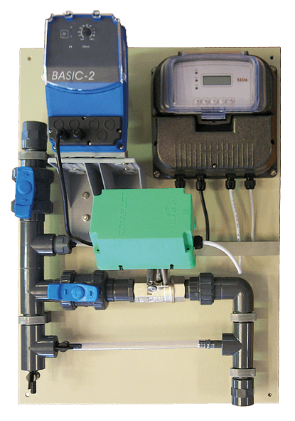 Thewatec Wasseraufbereitungssystem mit BASIC-2 Steuergerät, Mess- und Regeltechnik sowie Ventilen auf Tafel montiert, für industrielle Anwendungen in der Wasserbehandlung